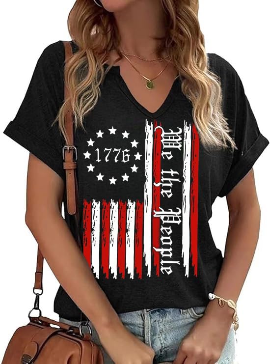 PUCKOLITY American Flag Patriotic T-Shirt Women 4th of July Shirt USA Flag Stars Stripes Graphic Shirt Summer Casual Tops