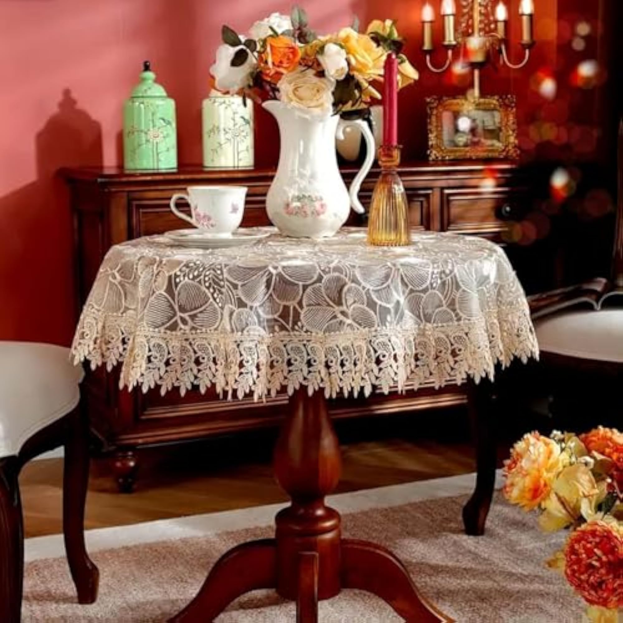 Tissue Embroidery Floral Design Table Cover for 4 Seater