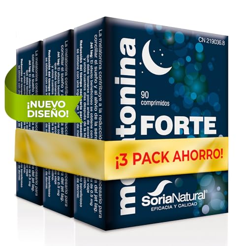 Soria Natural Melatonina Forte - para Dormir Profundamente, Descanso reparador - Combate el insomnio y Jetlag - Potente Antioxidante - PACK 3 cajas de 90 comprimidos