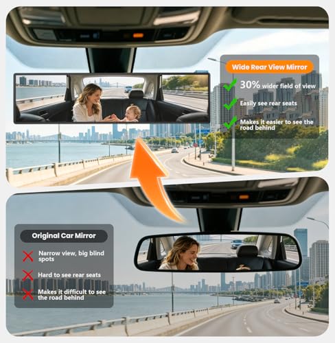 Image of Rear View Mirror, 11.81 Inch Universal Panoramic Clear Rear Mirrors Convex Car Interior Clip on Extra Big Wide Angle Rearview Mirror Extender to Reduce Blind Spot for Car SUV Pickup Trucks