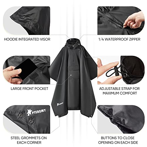 Image of PTEROMY Hooded Rain Poncho for Adult, Waterproof Lightweight Unisex Raincoat for Hiking Camping Emergency