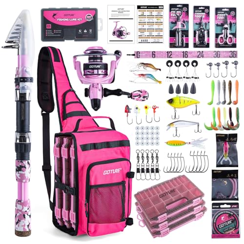 Goture OpenSide Tactical Sling Tackle Bag with Pink Fishing Rod and 3 Tackle Trays 8FT Fishing Rod and Reel Combo Lightweight Fishing Backpack Storge Fishing Gear Gift for Girl