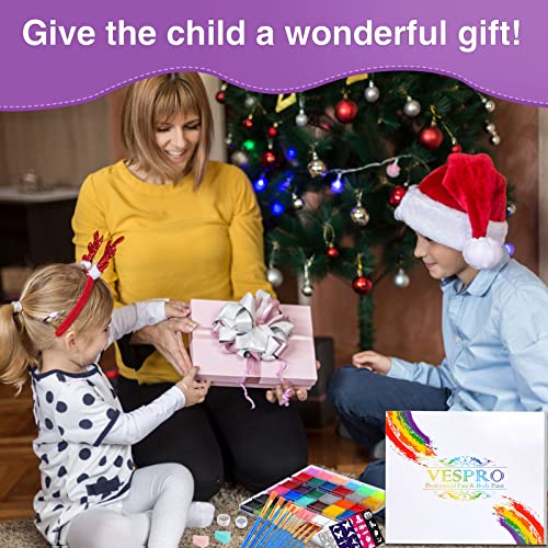 Vespro Professional Face Body Paint Kit,32 Colors Oil Face&Body Paint Kit (20 Classic Colors+6 Metal Colors +6 Uv Glow Colors) With 10 Size Brushes 4Pcs Reusable Large Face Stencils,2Pcs Glitters And 2Pcs Sponges, For Kids’ And Adults’ Halloween Makeup #TOP6