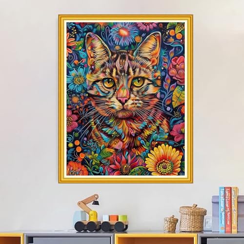 Image of Magxvouy Cross Stitch Kits Stamped Full Range of Embroidery Kits,Cross Stitch Patterns Needlework Kits for Beginners 11CT Printed Kits&Colorful Flower Cat 16x20 inch