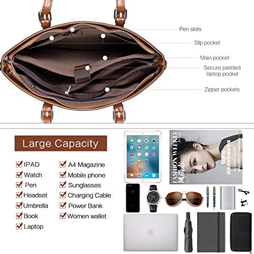 BROMEN Women Briefcase 15.6 inch Laptop Tote Bag Vintage Leather Handbags Shoulder Work Purses Oil Wax Brown