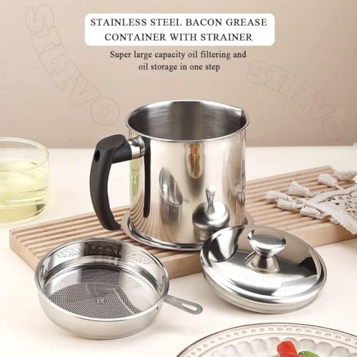 Image of Stainless Steel Oil Strainer Pot with Fine Mesh Filter & Lid, Reuse Oil Storage, Cooking Grease Container for Reusing Frying Oil, Best Oil Saver, Anti-Scald Handle Oil Storage Can for Cooking