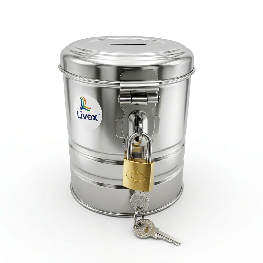 Livox Stainless Steel Coin Bank with Lock | Money Saving Box with Lock & Key| Coin & Cash Storage Container | Stainless Steel Money Bank with Lock, Cylindrical Coin Savings Box, Silver Finish-image-7