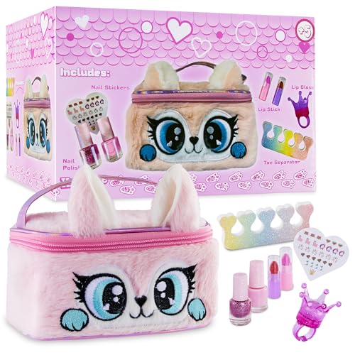 KreativeKraft Kinder Nagellack Mädchen Set - Kindernagellack Ungiftig - Nagelset für Mädchen mit Katzen-Etui (Rosa)