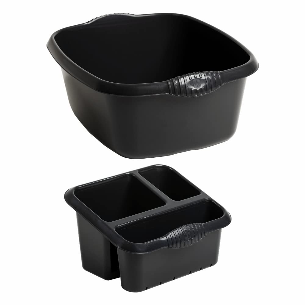 M1SS Set of 39cm Rectangular Washing up Bowl With Large High-Grade Plastic Sink Tidy Drainer Kitchen Caddy Cleaning Organiser 3 Compartment Sponge, Brush, Utensils Holder (Midnight) — image 1