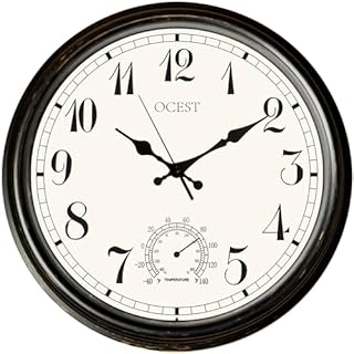 OCEST 16 Inch Garden Outdoor Clock, Thermometer Display 40cm Large Indoor Wall Clock Retro Silent Non-Ticking Waterproof Outdoor, Battery Operated Outdoor Clock for Home Decor, Patio, Garden