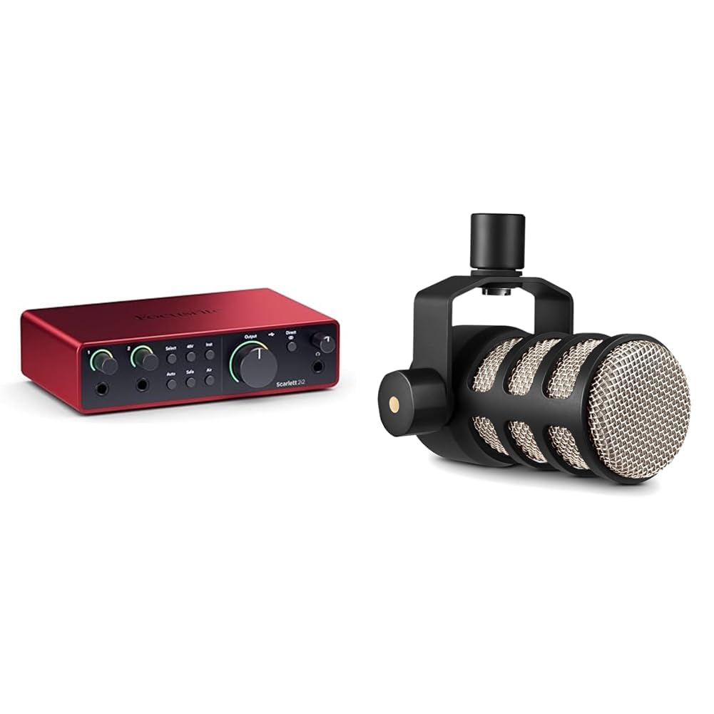 Focusrite Scarlett 2i2 4th Gen, interface audio USB pour enregistrer, composer & RØDE PodMic Microphone dynamique de qualité Broadcast avec support oscillant intégré pour les podcasts, le streaming