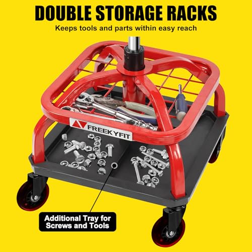 Image of Rolling Stool with Red Wheels, Heavy Duty Garage Work Mechanic Rolling Shop Stool with Backrest, Adjustable Height 360Swivel Roller Mechanic Chair with 2 Tool Trays, 330 LBS Capacity