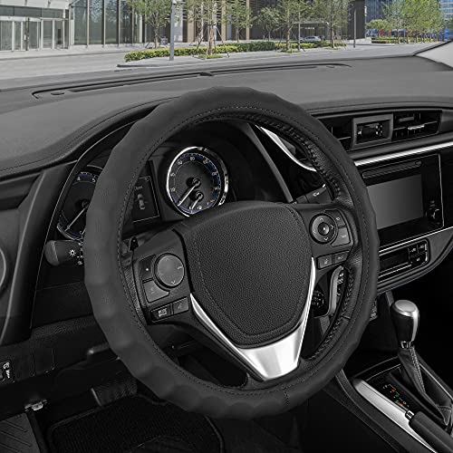 BDK Genuine Black Leather Steering Wheel Cover for Car, Small (13.5