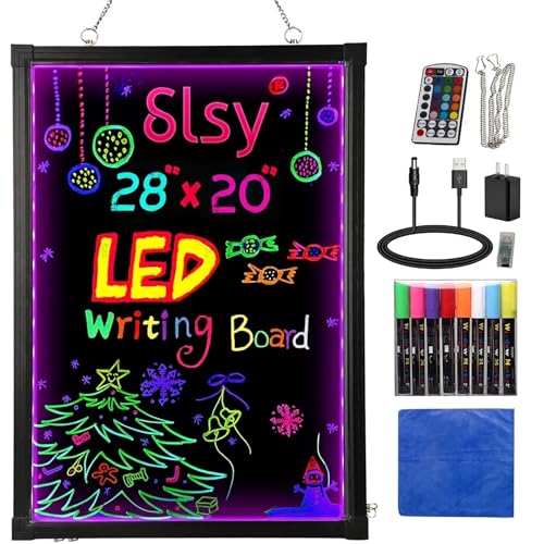 Slsy LED Writing Board 28'x20', Light Up Message Board Illuminated Neon Sign with 12 LED Colors, 26 Flashing Modes, 8 Fluorescent Markers, Erasable Sign for Restaurants Bars Cafes Weddings Classrooms