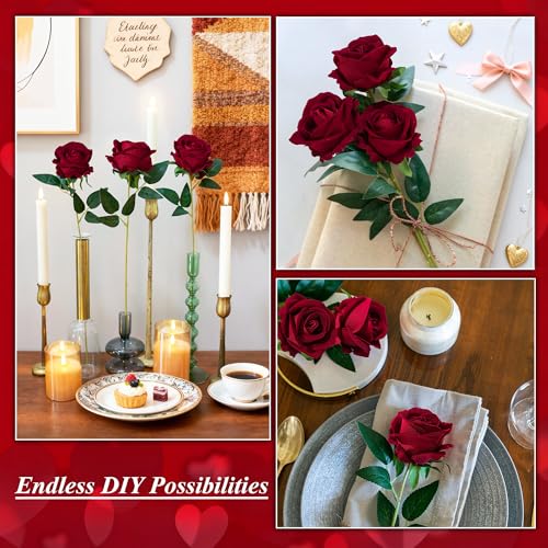 Image of 50 PCS Burgundy Roses Artificial Flowers, Fake Roses with Stem Realistic Silk Roses for DIY Wedding Bouquets Table Centerpieces Arrangements Baby Shower Birthday Home Decor Valentines Day Gift for Her