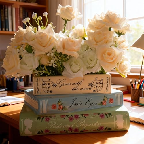 Book Planter Decor - Cute Bookshelf Plant Pots Small Book Shaped Ceramic Planters Book Flowers Vase with Drainage Hole Classic Titles Bookstack for Book Lovers Gifts for Home Bedrooms Living Rooms