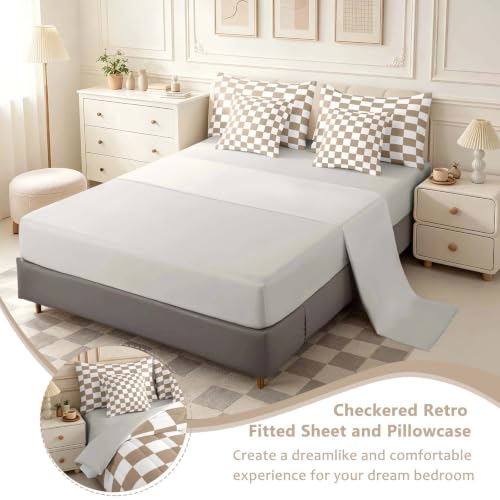 Image of Feelyou Checkered Queen Comforter Set with Sheets for Kids Boys Girls Brown Plaid 7 Pieces Bedding Set Vintage Checkerboard Geometric Bed in a Bag Reversible Grey Room Decor Soft