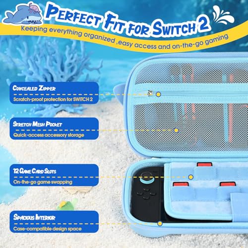 Image of GeekShare Portable Carrying Case Compatible with Switch 2 (2025), Hard Storage Bag with 12 Game Card Slots, Cute Travel Case for Switch 2 Console and Accessories, Shark