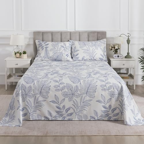 Image of Gray-Blue Floral Percale Sheets California King Hawaii Print, 4Pcs | Deep Pocket Light Beige 100% Cotton Toile Sheet Set, Neutral Flower Leaf Bed Sheets, Shabby Chic Bedding, Tropical Pattern