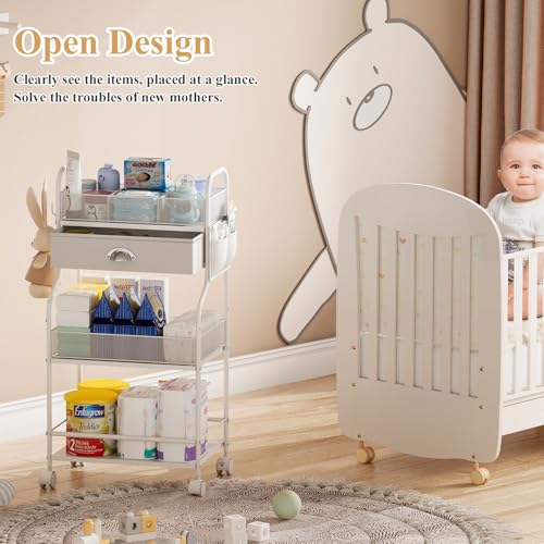 Baby Diaper Caddy Cart Organizer -3 Tier, Bedside Nursery Essentials Cart & Storage Holder for Newborn Baby Stuff, 2+1 Dividers, 1 Drawer,Rolling Utility Cart for Bedroom,Changing Table, Crib - Image 6