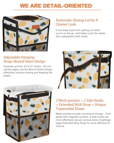 Image of Pritent Car Trash Can with Lid, Cute Leakproof Car Trash Garbage Bag Hanging Vehicle Trash Bin Small Portable Automotive Garbage Cans Organizer for Back /Front Seat(Trapezoid,Pineapple Print