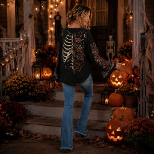 Halloween Sweatshirt for Women Skull Graphic Bell Sleeve Fashion Tops - image 2