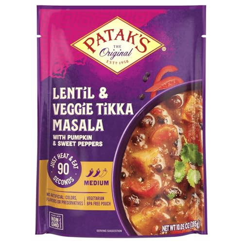 Image of Patak's Lentil & Veggie Tikka Masala - Vegetarian Indian Curry w /Lentils, Beans, Pumpkin, Sweet Potatoes & Vegetables - Ready-to-Eat Microwaveable Meal - Serve with Rice or Naan - 10.5oz (Pack of 1)