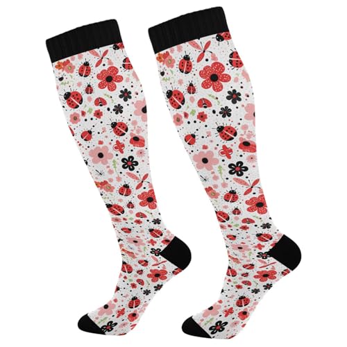 Wusikd Ladybugs Flowers Compression Socks for Women and Men Circulation Red Pink Long Socks for Athletic Running 1