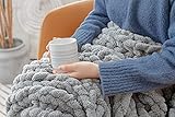 ThrowStyle Large 50 x 60 Inches Crocheted 7lb Blanket - Machine Washable, Handwoven Soft, Cozy Chenille Blanket Tight-Knit Multi Use Breathable Boho Blankets and Throws for Your Home, Light Grey