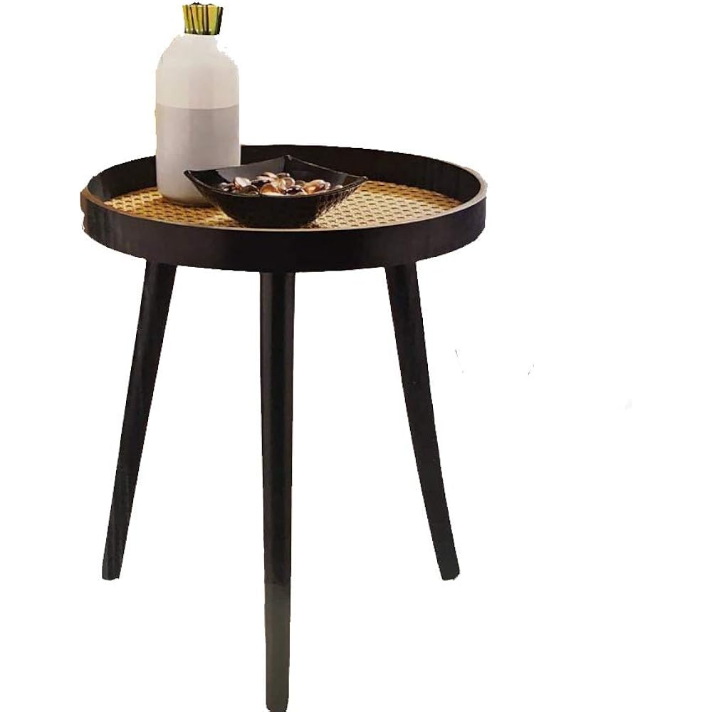 Black Wooden Table With Cane Detail Side Table Bedside End Table Round