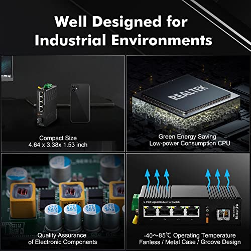 Image of MokerLink 5 Port Industrial DIN-Rail Network Switch, 4 Gigabit Ethernet, 1 SFP, 14Gbps Switching Capacity, IP40 Rated (-40 to 185F), With UL Power Supply