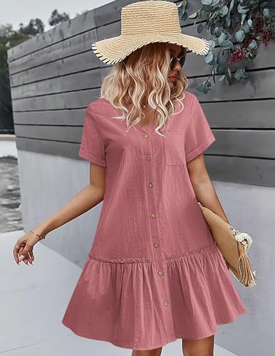 Image of HOTOUCH Women Button Down Dress Loose Summer Cotton Linen Dress Ruffle Hem Casual Dress Short Sleeve Tunic Dress