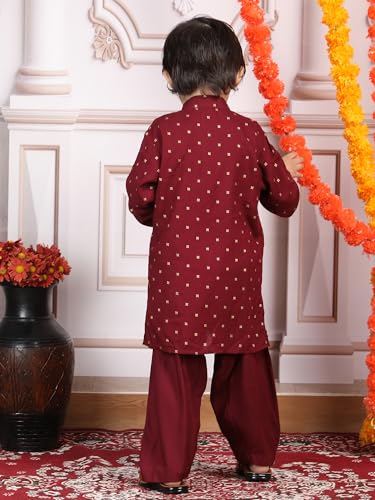 Image of POLKA TOTS Boys Cotton Ethnic Kurta Pajama Set with Attached Koti | Ethnic Motif Wear Kids Kurta Pyjama for Boys & Toddlers | Traditional Dress for Weddings & Festivals | Festive Jubba Set for Babies
