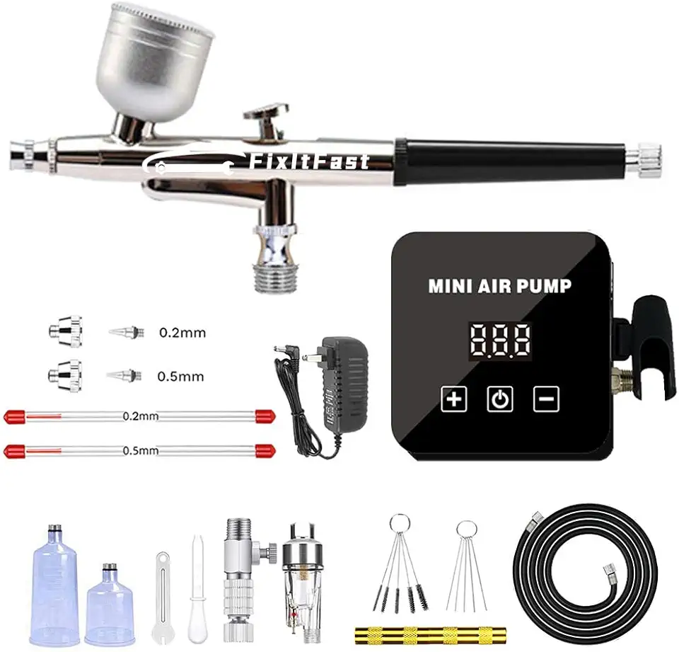 FINYQBET Kit de Aerógrafo com Compressor de Ar 25PSI, Pistola de Dupla Ação, Bicos 0,2mm e 0,5mm, Pressão Ajustável – Para Pintura Artística, Maquiagem, Modelagem e Nail Art