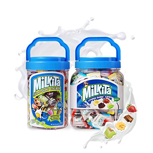 Milkita Creamy Shake Candy & Lollipop Jar, Gluten Free Chewy Candies With Calcium & Real Milk, Zero Trans Fat, Low-Sugar, Assorted Flavors #TOP14