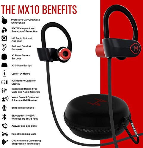 ONE Day Sale! - The MX10 Bluetooth iPhone Headphones - Ear Buds Wireless Headphones - Designed for Running and Sport Workou   ts - Built-in Microphone with Noise Cancellation - IPX7 Waterproof