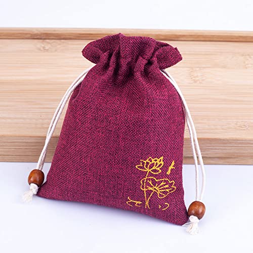10 bolsitas de lino rojo oscuro con cordón para joyas miniatura 1
