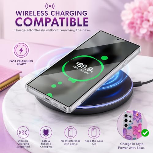 Image of Elzzi Compatible with Samsung S26 Ultra Case Laser Flower Oil Painting Cute Colorful Blue Ray Bumper with Full Camera Protection Shockproof PC+TPU Glossy Shiny Cover for Girls Women, Pink & Purple