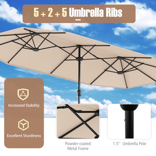 Image of Tangkula 13FT Double-sided Patio Umbrella, Extra Large Twin Table Umbrella with Crank Handle, Umbrella Base, Safety Lock, Air Vent, Outdoor Market Umbrella for Garden Pool Backyard (Beige)