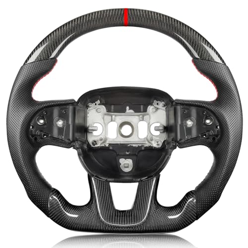 Tesfeel Steering Wheel for Dodge Charger for Dodge Challenger 2015-2024, 3K Real Carbon Fiber Steering Wheel D-shaped Flat-bottom Preforated Leather Grip (SXT/GT/RT/SRT/For Hellcat)