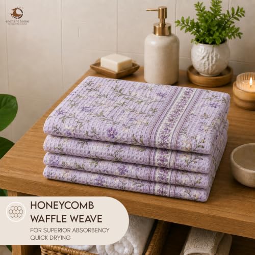 Image of Cotton Rich Printed Waffle Hand Towel | Lightweight | Anti Microbial & Water Absorbent | Soft Touch Quick Drying Towels (Lilac Bloom, Pack of 4)