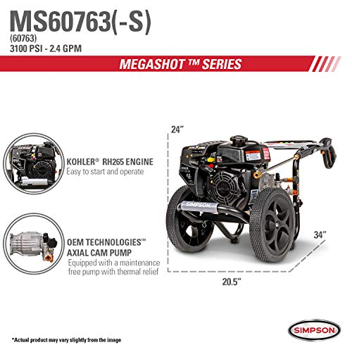 SIMPSON Cleaning MS60763-S MegaShot Gas Pressure Washer Powered by Kohler RH265, 3100 PSI at 2.4 GPM