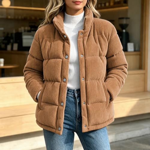 fartey Corduroy Jacket Women Quilted Puffer Coat Button Down Padded Warm - image 3