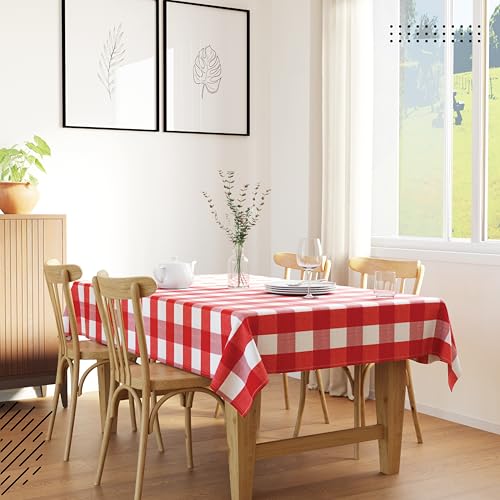 Image of Encasa XO Cotton Rectangular Table Cloth for 6 to 8 Seater | (140x230 cm) | Buffalo Red Checks | Dining Tablecloth for Decoration