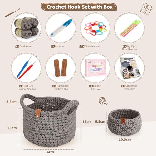 Image of Aeelike 27PCS Crochet Basket Kit for Beginners (L&S), Complete Crochet Kit Include Instruction Beginner-Friendly Yarn, Starter Knitting Set for Beginners, Crocheting Gift for Storage Home Decor