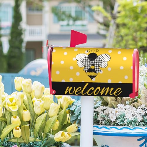 Image of Harooni Spring Summer Mailbox Covers Magnetic Standard Size 21x18 Inch Welcome Summer Bee Mail Box Cover Wraps Farmhouse Rustic Polka Dot Post Letter Box Cover for Home Outdoor Yard Garden Decor