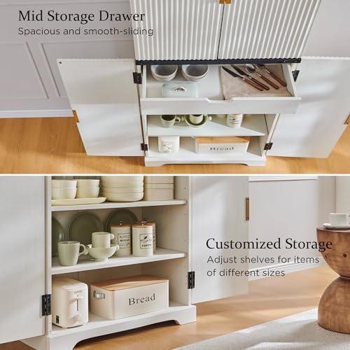 Fluted Pantry Cabinet, 72" Tall Modern Storage Cabinet with 4 Doors, Organizer, Drawer and Adjustable Shelves, Wood Cupboard for Kitchen, Dining Room, Living Room and Bathroom, Off White