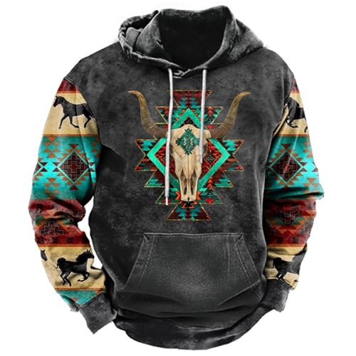PORCLAY Men's Western Hoodie Aztec Cowboy Hooded Sweatshirt Country Graphic Print Oversized Pullover Shirts with Pocket