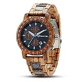 Wooden Watches for Men, shifenmei Mens Wood Watch Multifunction Chronograph 12/24H Stopwatch Calendar Luminous Hands Quartz Movement Lightweight Wristwatch with Exquisite Box (Zebra Wood)