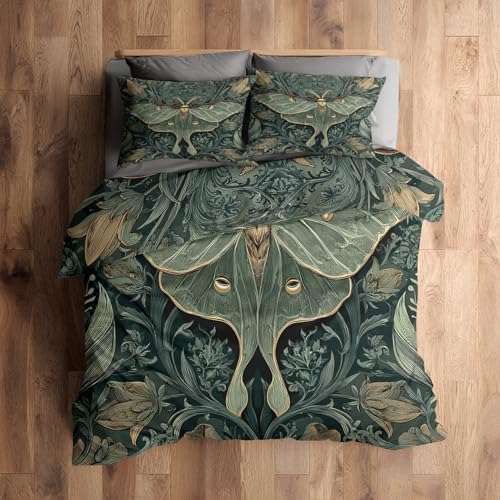 Image of Double Bedding Set, Luna Moth Duvet Cover with 2 Pillowcases, 3 Piece Bedroom Decor, Mystical Vintage Botanical Pattern Soft Microfiber Quilt Cover, Zip Fastening A489C